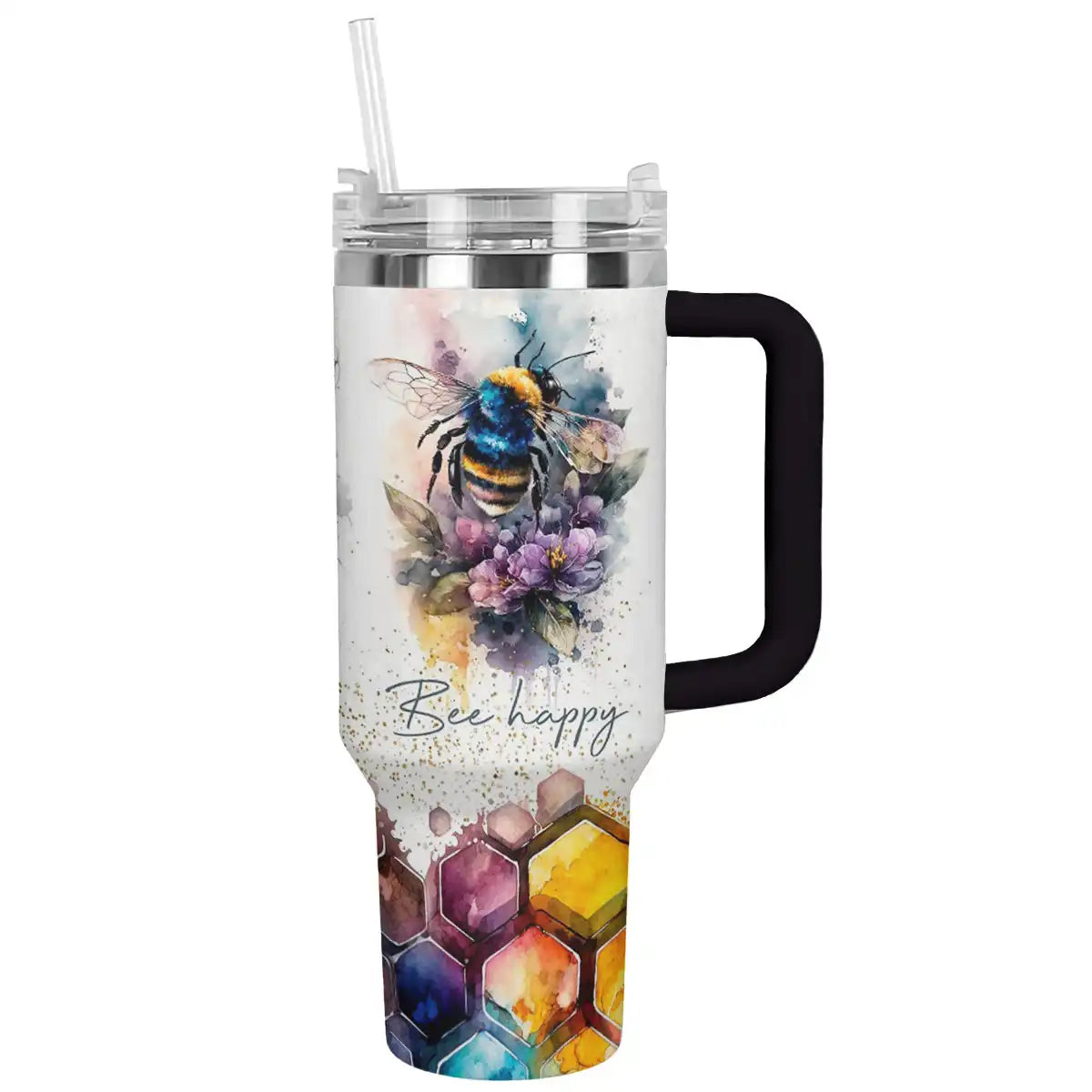 Colorful Bee Happy Travel Mug with Handle - 40oz Insulated Tumbler - Image 2