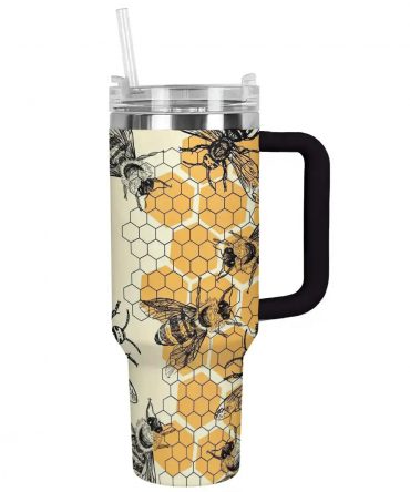 Bee-Themed Insulated Tumbler with Straw & Handle - 40oz Travel Mug