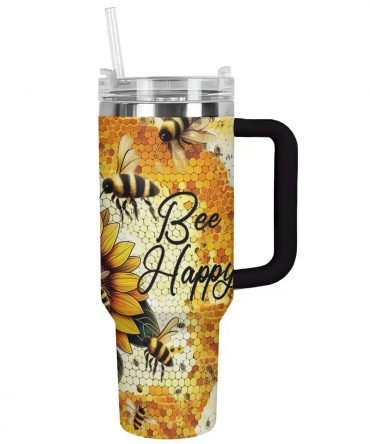Bee Happy Insulated Travel Mug with Handle - Keeps Drinks Hot or Cold, Eco-Friendly