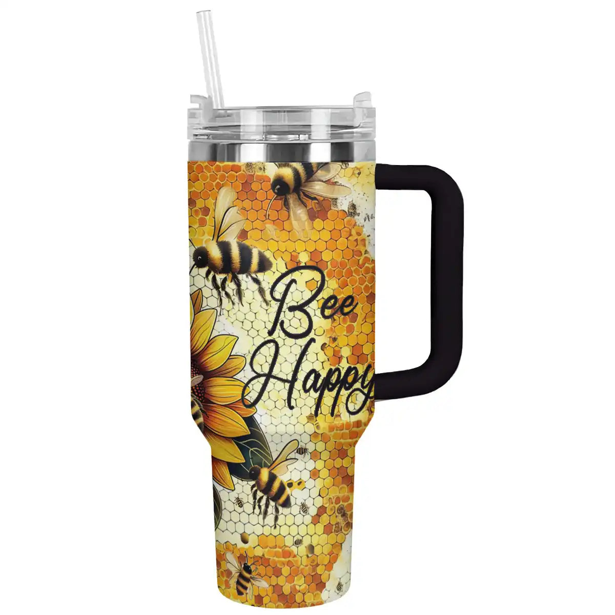 Bee Happy Insulated Travel Mug with Handle - Keeps Drinks Hot or Cold, Eco-Friendly
