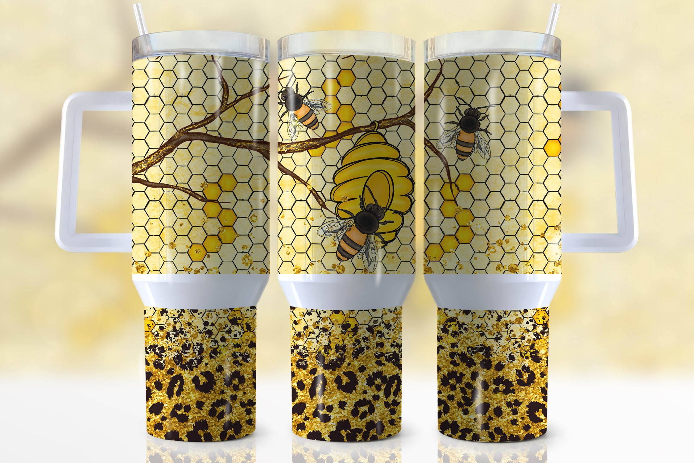 Beehive Hexagon Design Insulated Tumbler with Straw - Keep Drinks Hot or Cold