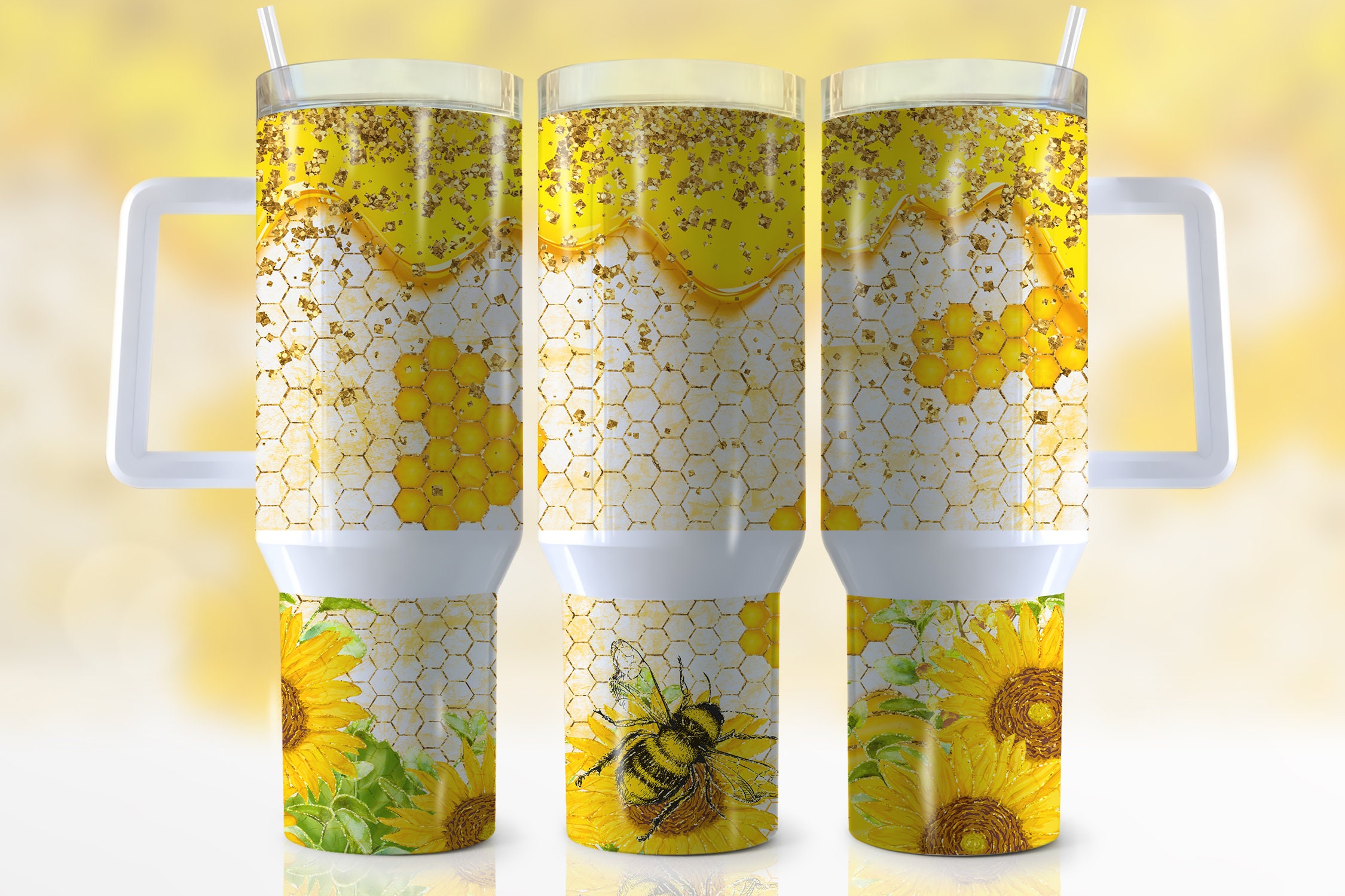 Vibrant Sunflower & Honeycomb Travel Mug – Eco-Friendly, Insulated, Leak-Proof