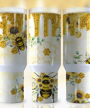Bee-Themed Glitter Tumbler with Handle - Sunflower & Honeycomb Design