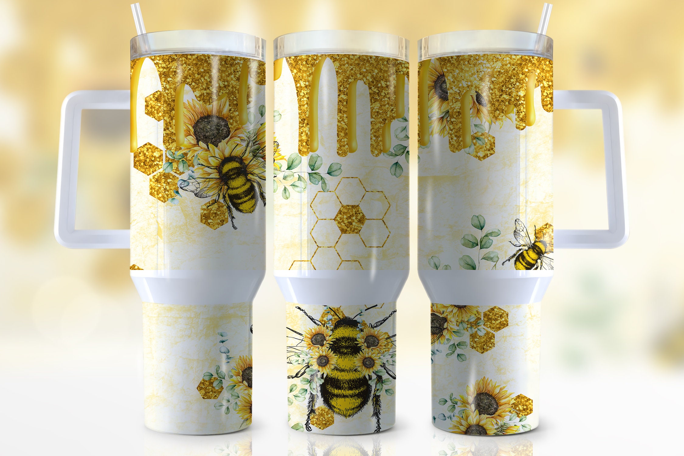 Bee-Themed Glitter Tumbler with Handle - Sunflower & Honeycomb Design