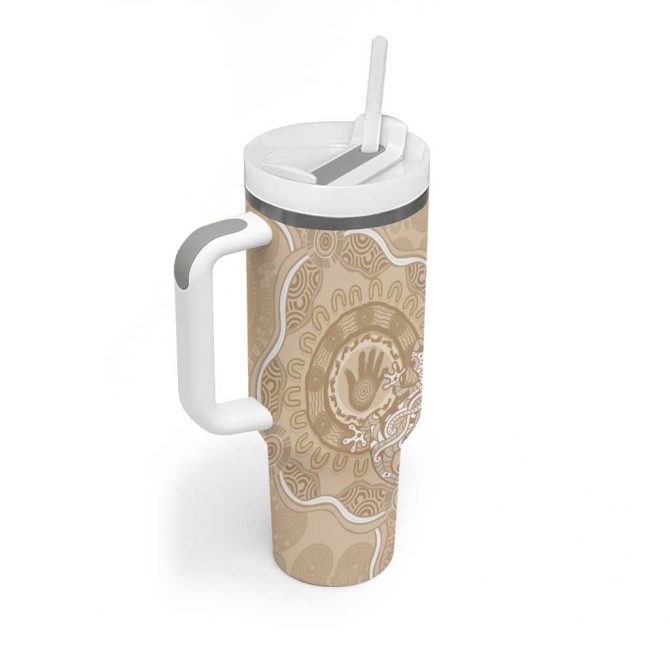 Beige Australia Lizard With Aboriginal Art Custom Stanley Quencher 40oz Stainless Steel Tumbler With Handle - Image 3
