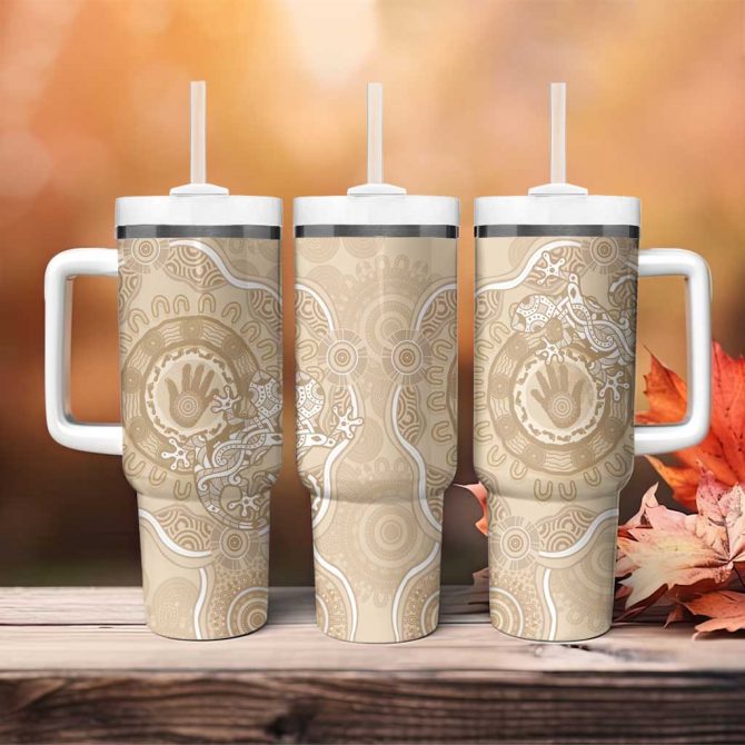 Beige Australia Lizard With Aboriginal Art Custom Stanley Quencher 40oz Stainless Steel Tumbler With Handle