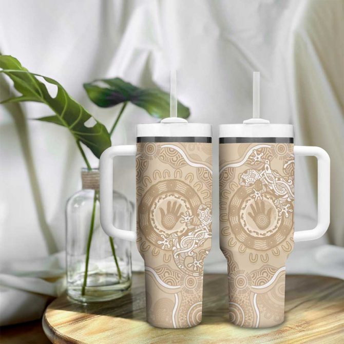 Beige Australia Lizard With Aboriginal Art Custom Stanley Quencher 40oz Stainless Steel Tumbler With Handle - Image 9