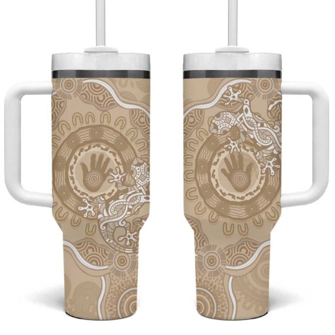 Beige Australia Lizard With Aboriginal Art Custom Stanley Quencher 40oz Stainless Steel Tumbler With Handle - Image 2