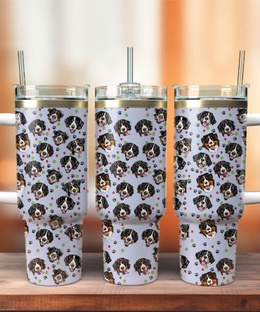 Adorable Dog Print Travel Mug - Stainless Steel Tumbler with Handle & Straw