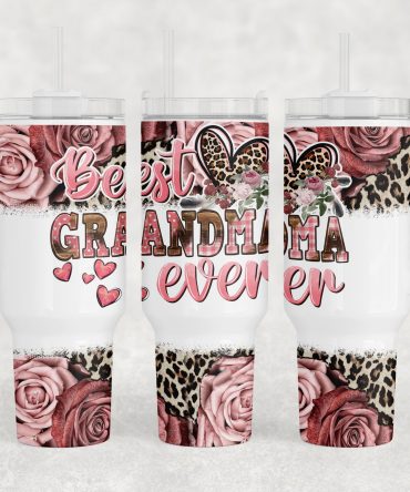Best Grandma Ever Floral Leopard Print Tumbler with Handle & Straw - Perfect Gift