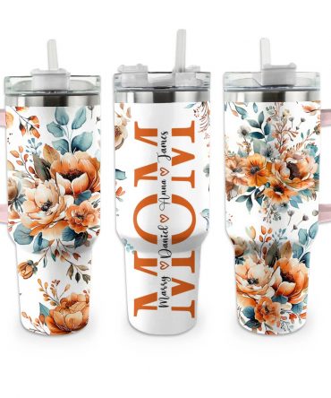 Personalized Floral Tumbler with Handle - Custom Mom Gift