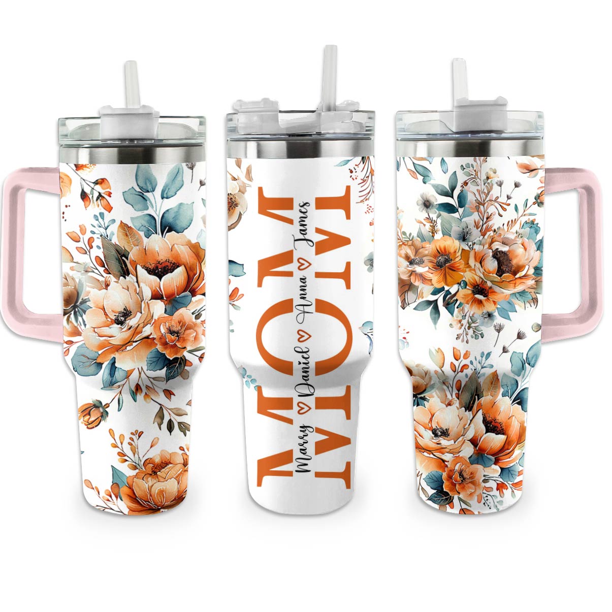 Personalized Floral Tumbler with Handle - Custom Mom Gift