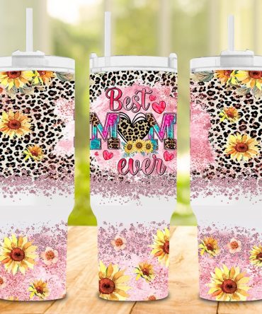 Best Mom Ever Sunflower Leopard Glitter Tumbler with Handle & Straw