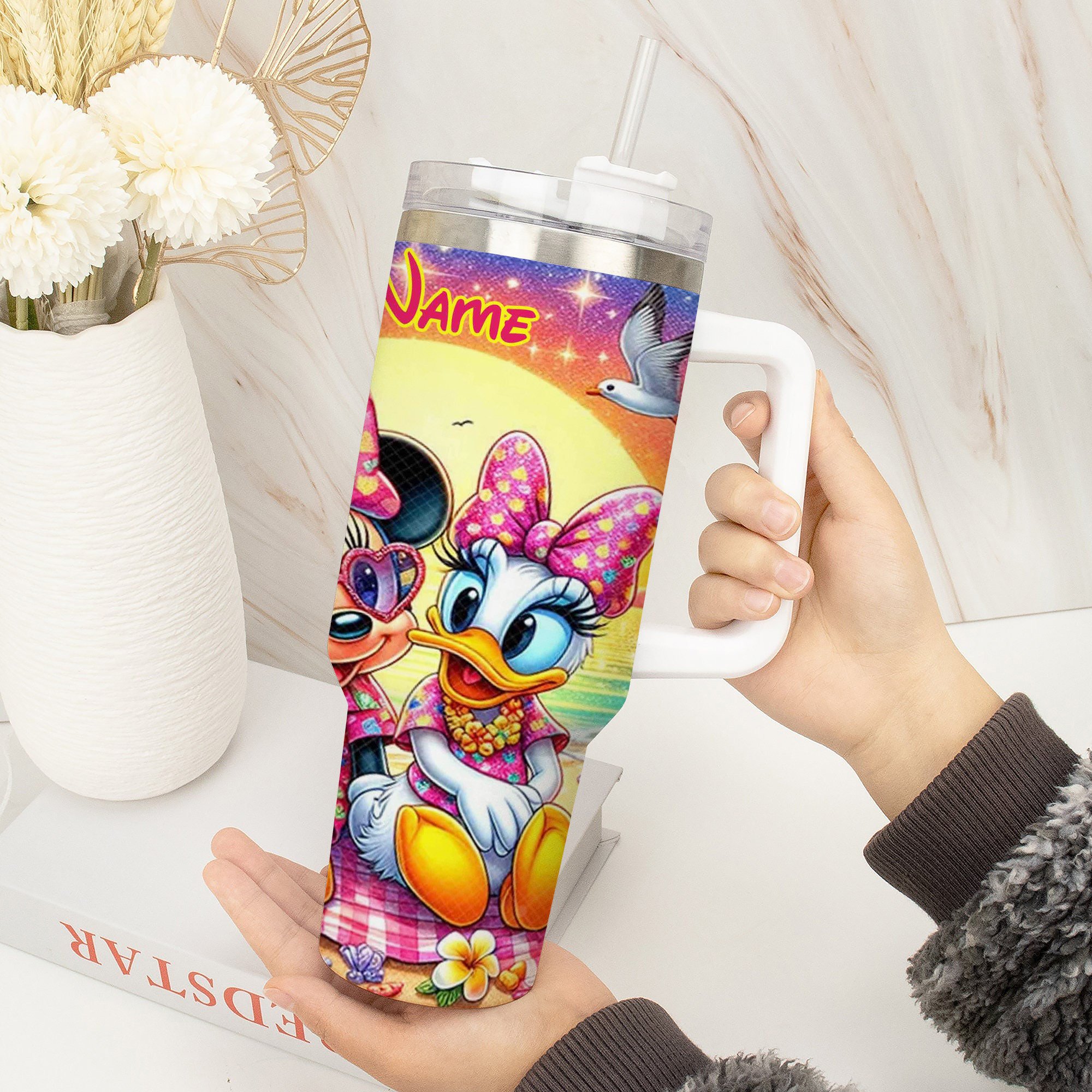 Personalized Tropical Beach Tumbler with Cute Cartoon Design - Image 2