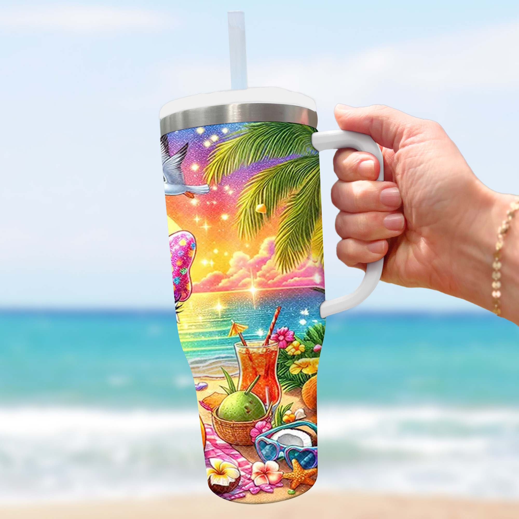 Personalized Tropical Beach Tumbler with Cute Cartoon Design - Image 5