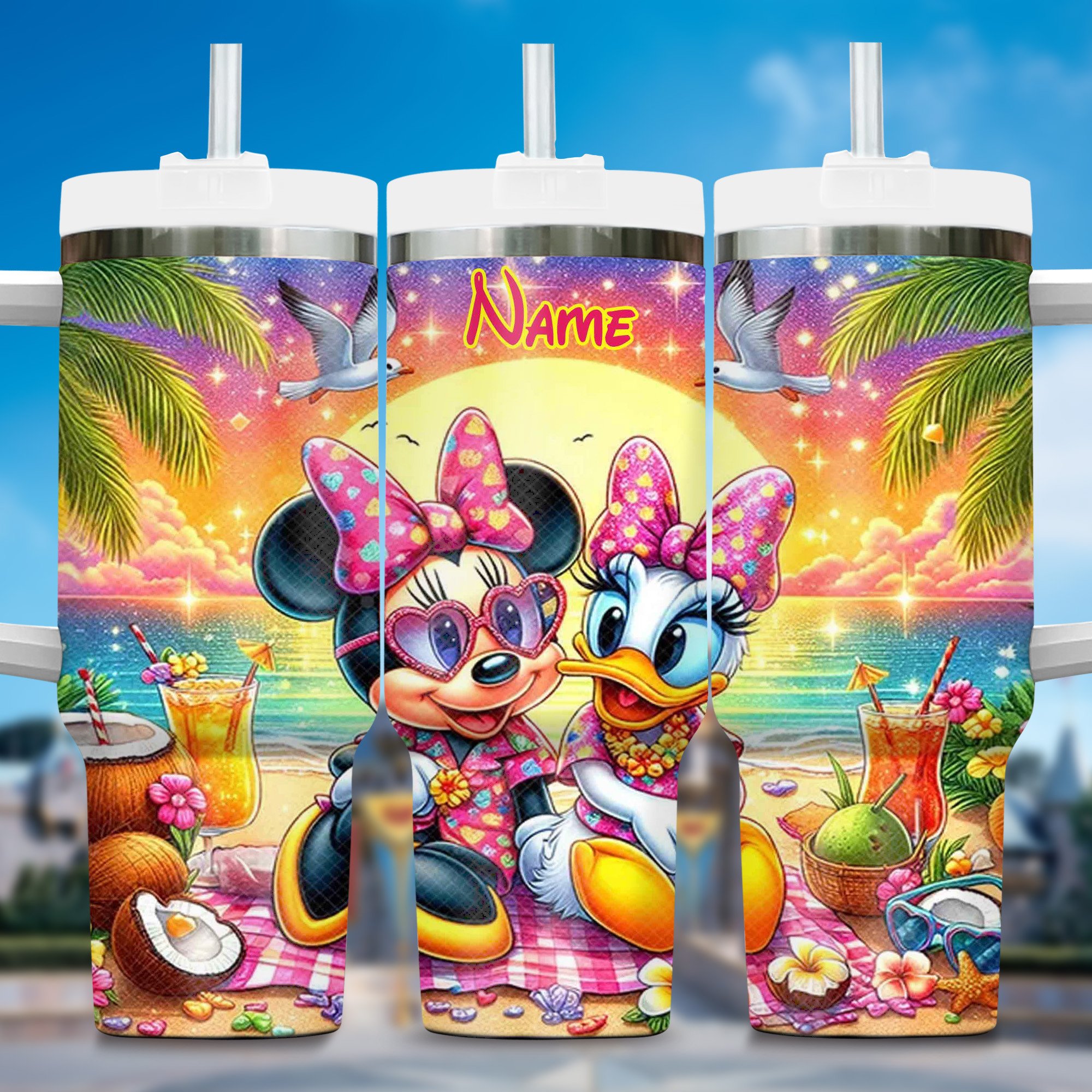 Personalized Tropical Beach Tumbler with Cute Cartoon Design