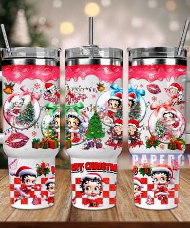 Festive Holiday Tumbler with Handle - Christmas Cartoon Design, Stainless Steel, 40oz