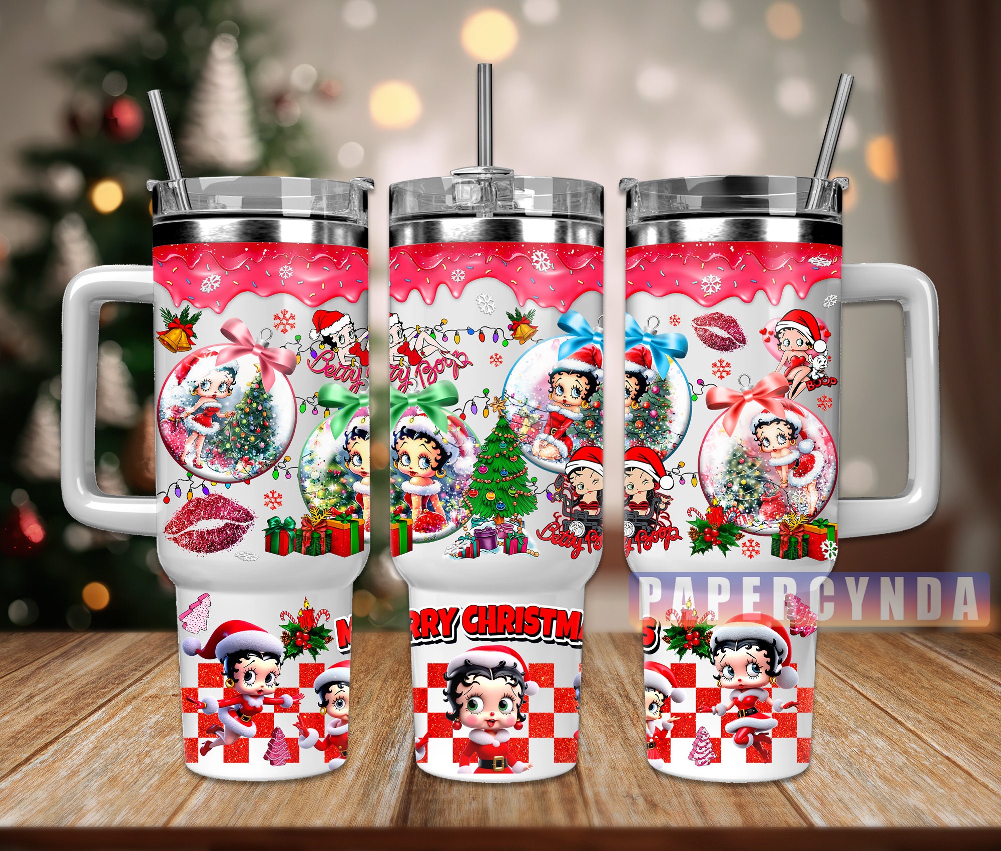 Festive Holiday Tumbler with Handle - Christmas Cartoon Design, Stainless Steel, 40oz