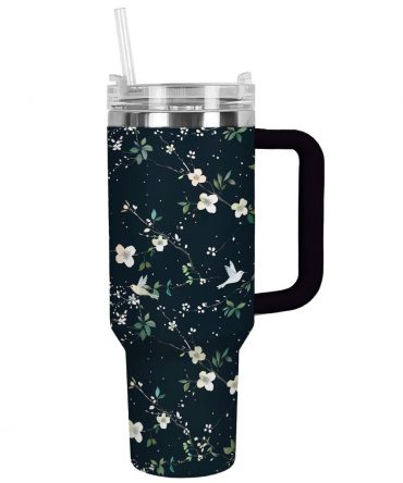 Floral Insulated Travel Mug with Handle & Straw - 40oz Leak-Proof Tumbler