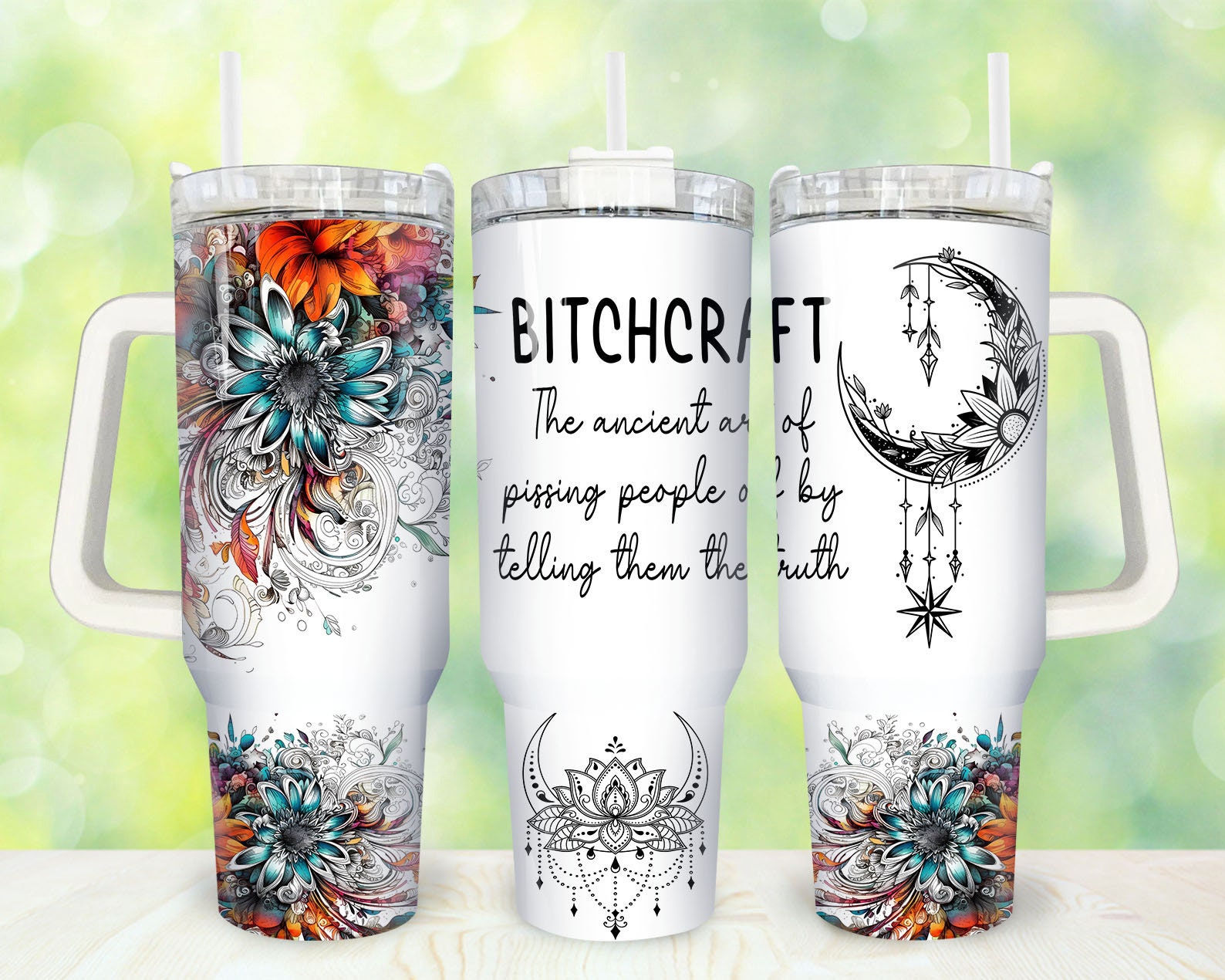 Floral & Moon Design Tumbler with Straw - Perfect Gift for Sassy Souls