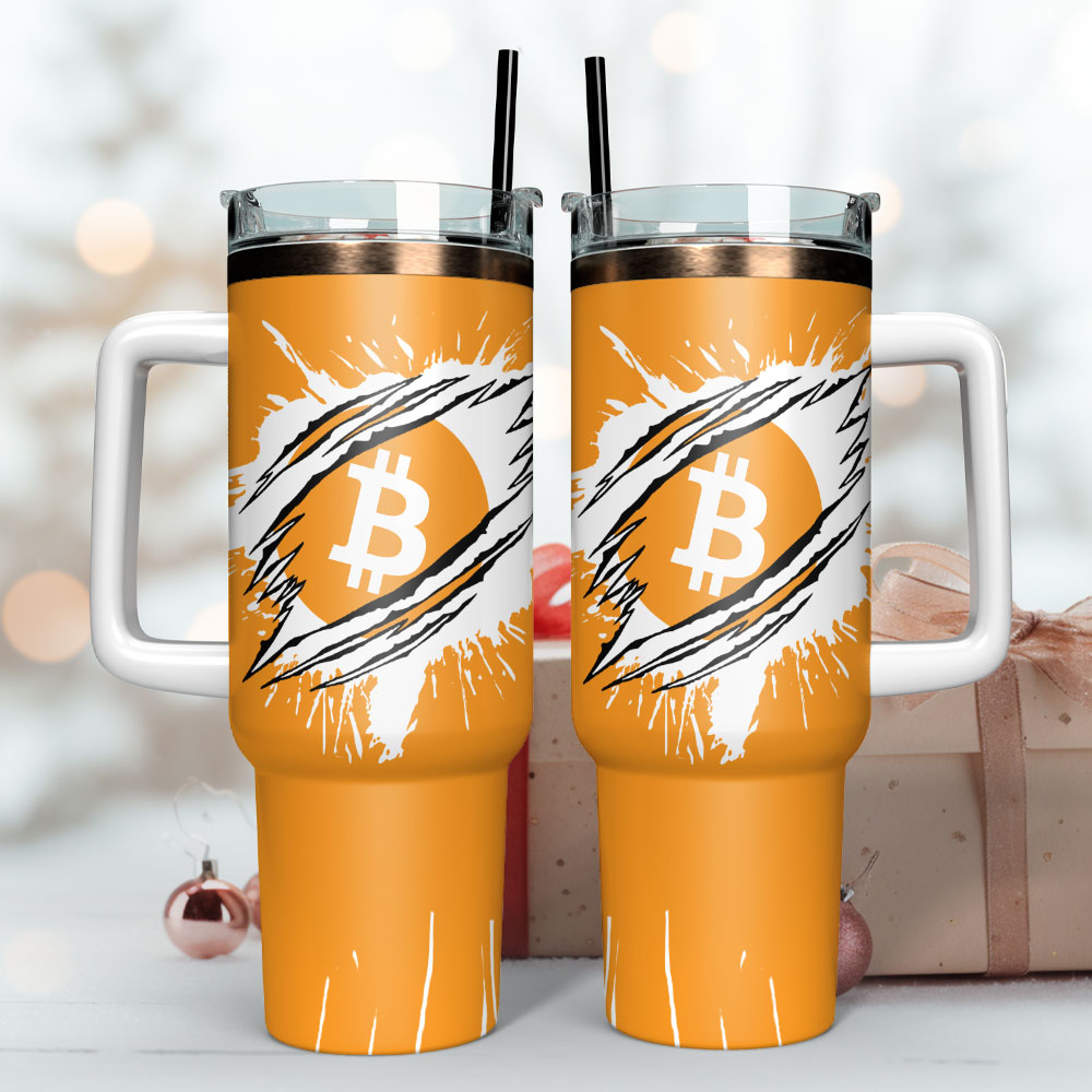 Bitcoin Splash Insulated Tumbler with Handle & Straw - Stay Hydrated in Style - Image 3