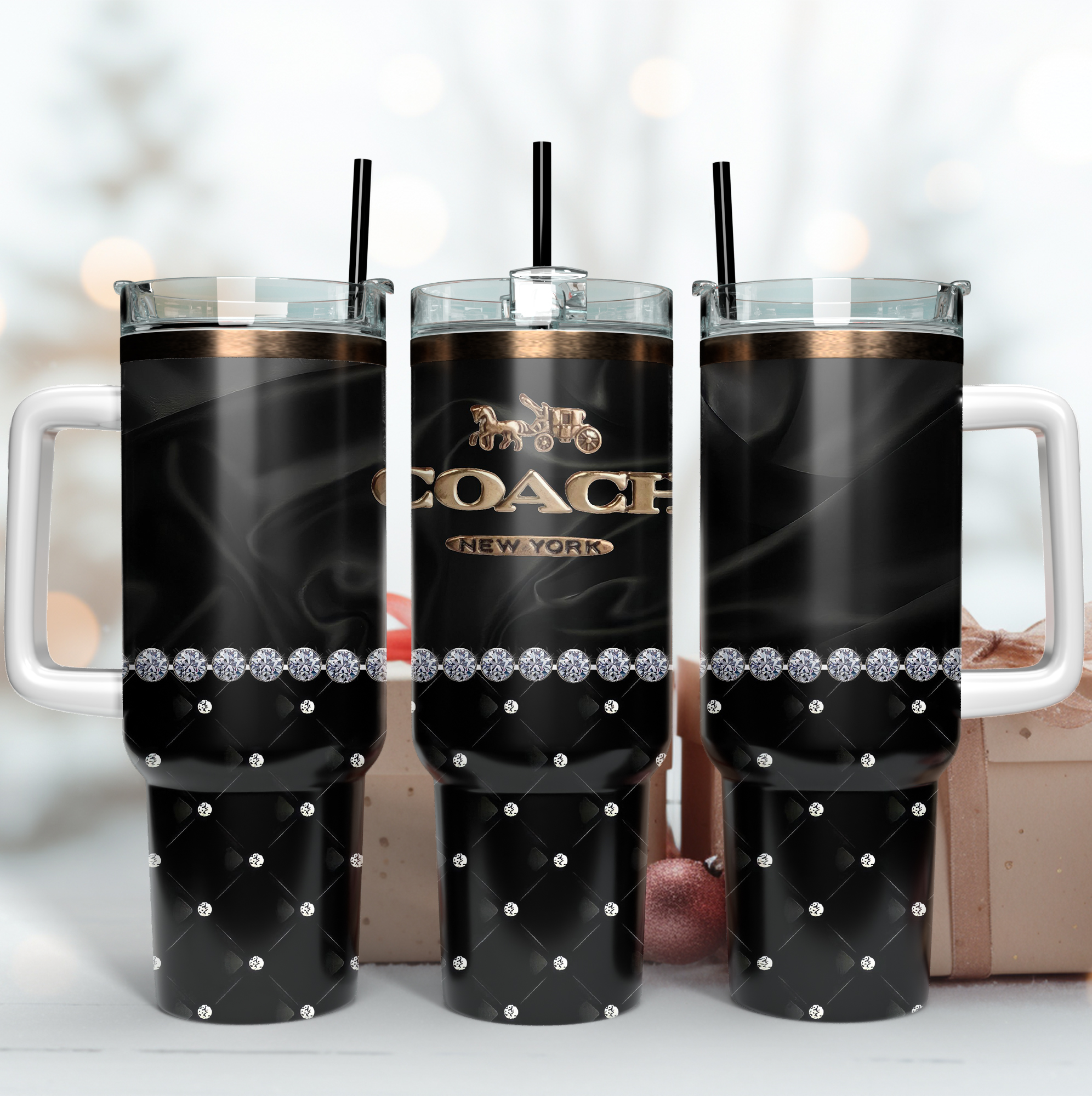 Elegant Black Tumbler with Handle & Straw - Luxury Diamond Design Mug