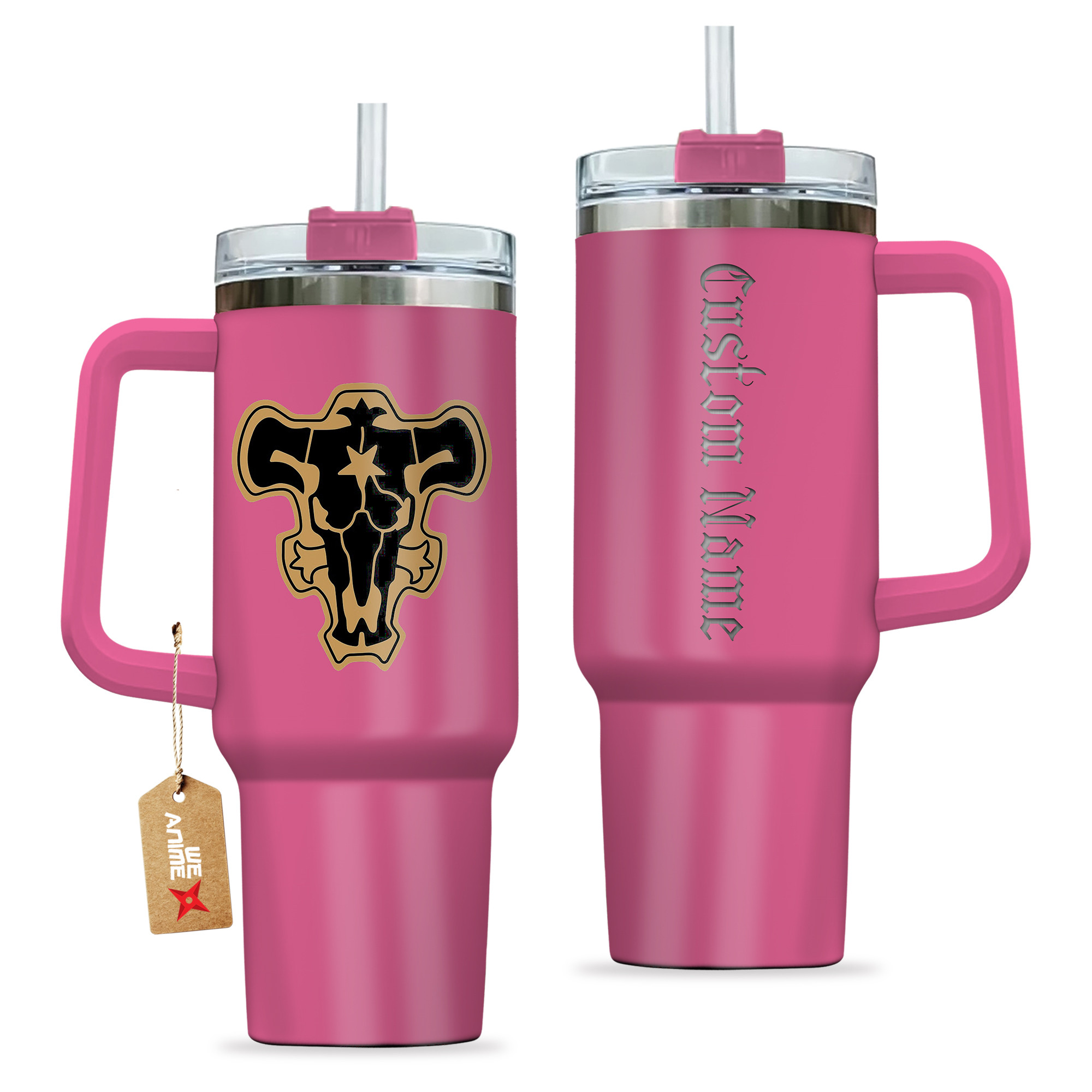 Custom Name Pink Insulated Mug - Personalized Stainless Steel Tumbler with Straw & Handle - Image 2