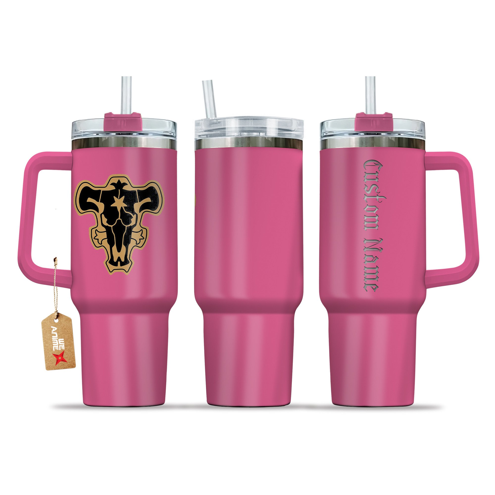 Custom Name Pink Insulated Mug - Personalized Stainless Steel Tumbler with Straw & Handle
