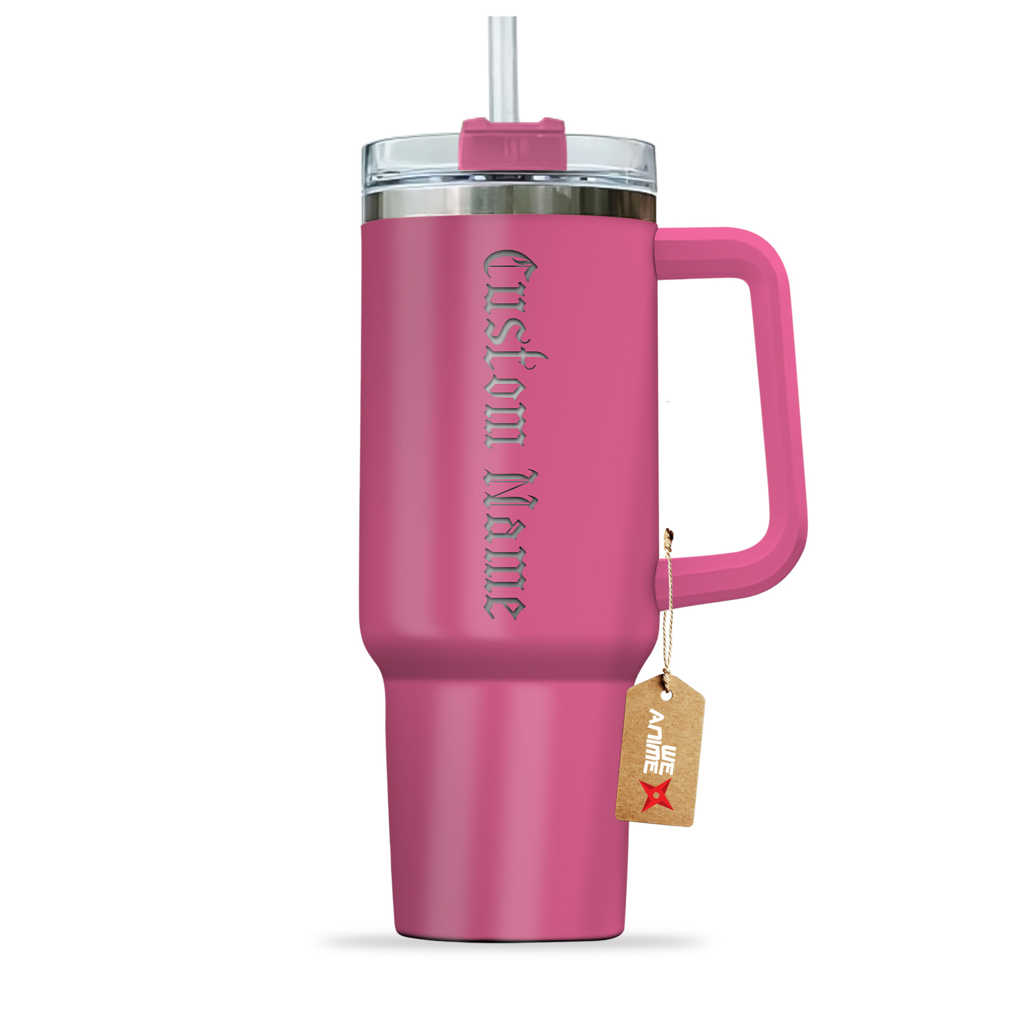 Custom Name Pink Insulated Mug - Personalized Stainless Steel Tumbler with Straw & Handle - Image 3