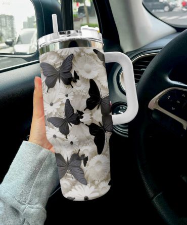 Elegant Butterfly Floral Insulated Travel Mug with Handle - 40oz