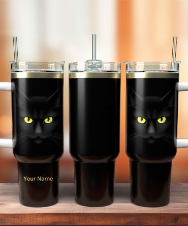 Custom Black Cat Tumbler with Handle - Personalized Name, 40oz