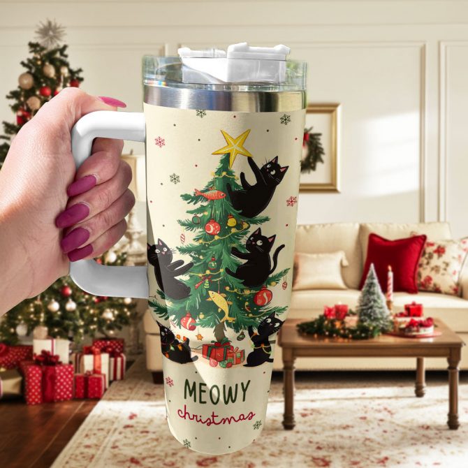 Black Cat Meowy Christmas Custom Stanley Quencher 40oz Stainless Steel Tumbler With Handle - Image 2