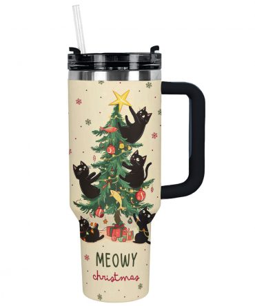 Black Cat Meowy Christmas Custom Stanley Quencher 40oz Stainless Steel Tumbler With Handle