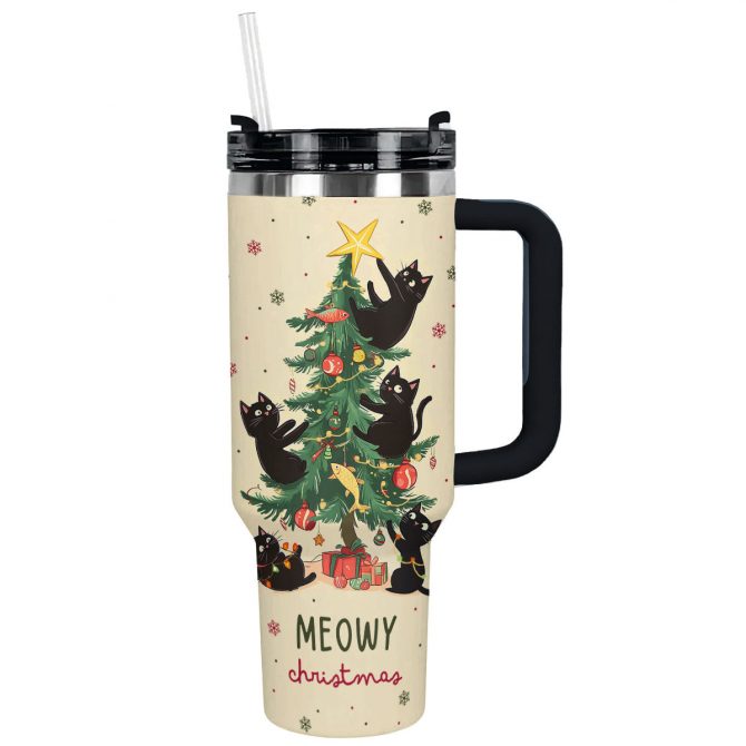 Black Cat Meowy Christmas Custom Stanley Quencher 40oz Stainless Steel Tumbler With Handle