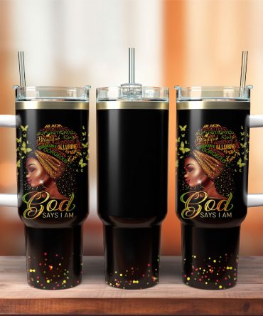 Inspirational Black Woman Tumbler - God Says I Am - Elegant Travel Mug
