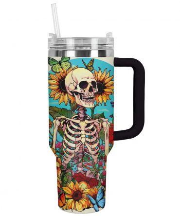 Vibrant Skull & Sunflower Tumbler - Unique Floral Skeleton Design