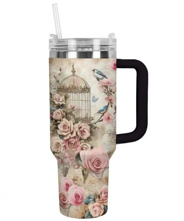 Elegant Floral Travel Tumbler with Handle - Vintage Rose Design, 40oz