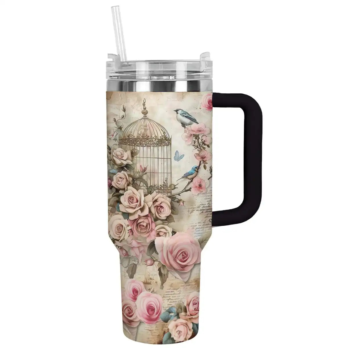 Vintage Floral Rose Travel Tumbler with Handle & Straw - Elegant Birdcage Design - Image 2