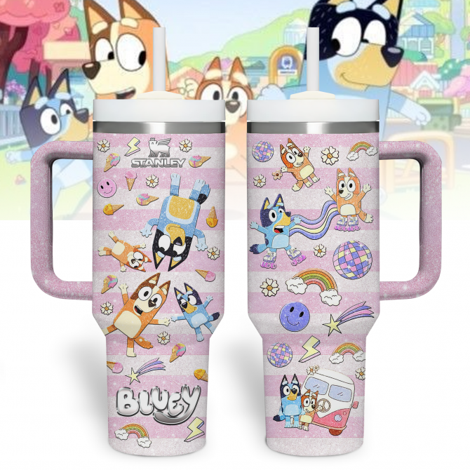 Bluey Cartoon Custom Stanley Quencher 40oz Stainless Steel Tumbler With Handle