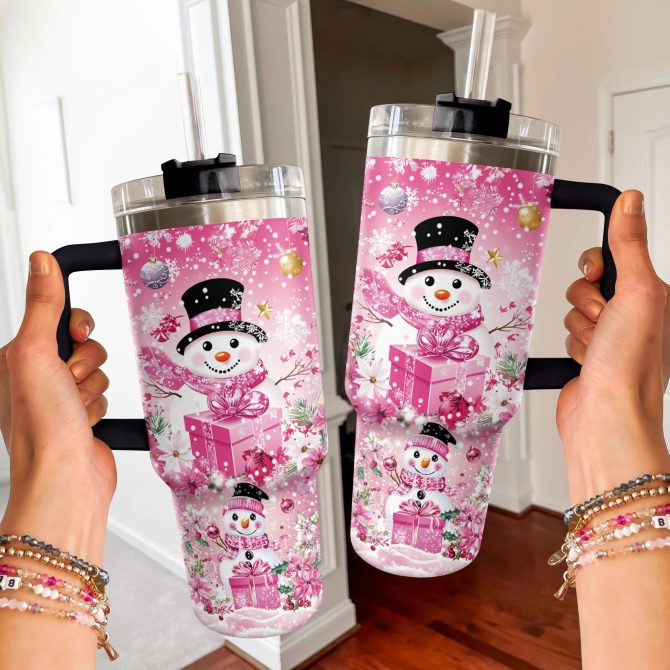 Blushing Snowman Christmas Custom Stanley Quencher 40oz Stainless Steel Tumbler With Handle - Image 2