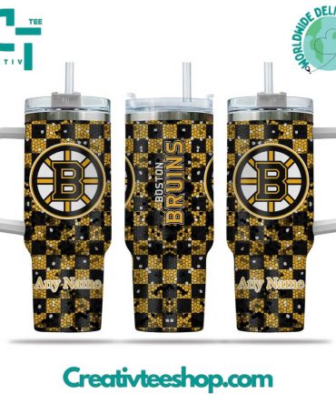 Personalized Boston Bruins Checkered Tumbler with Straw - Custom Name