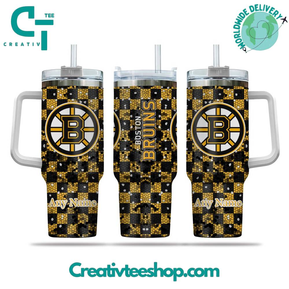 Personalized Boston Bruins Checkered Tumbler with Straw - Custom Name