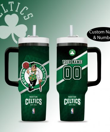 Custom Boston Celtics Tumbler with Handle - Personalized Name & Number