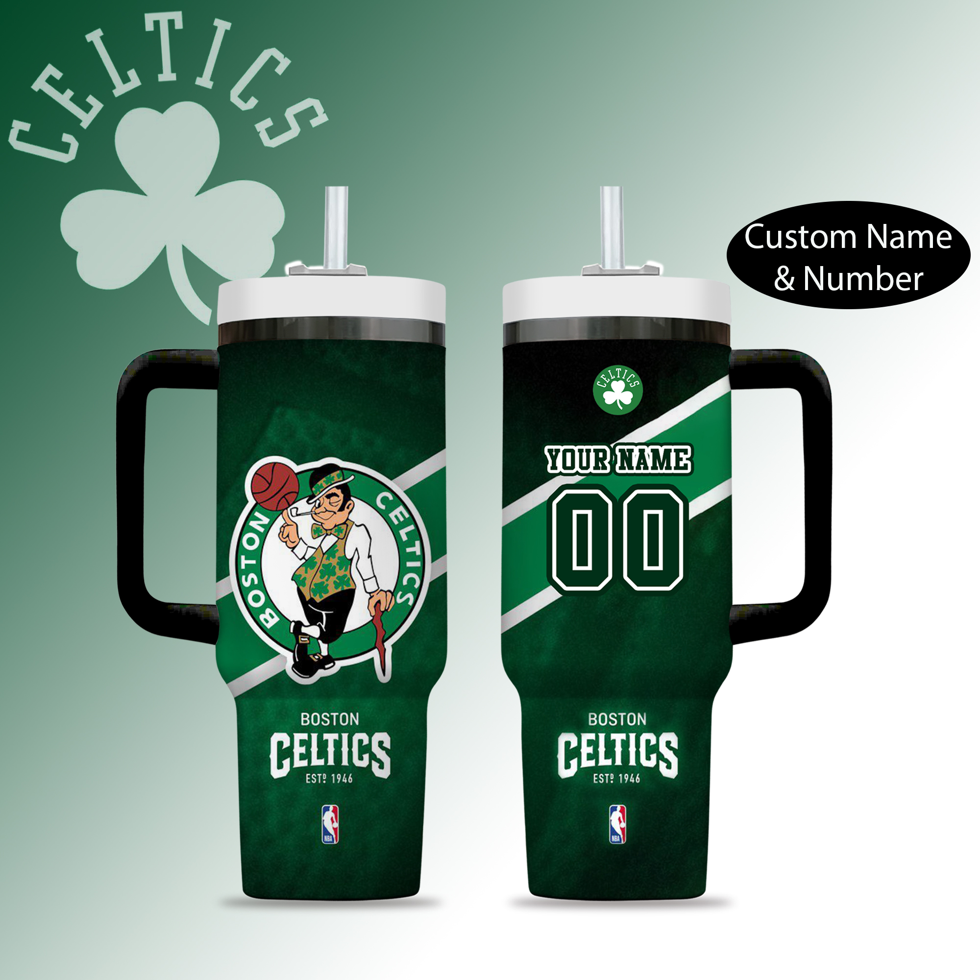Custom Boston Celtics Tumbler with Handle - Personalized Name & Number