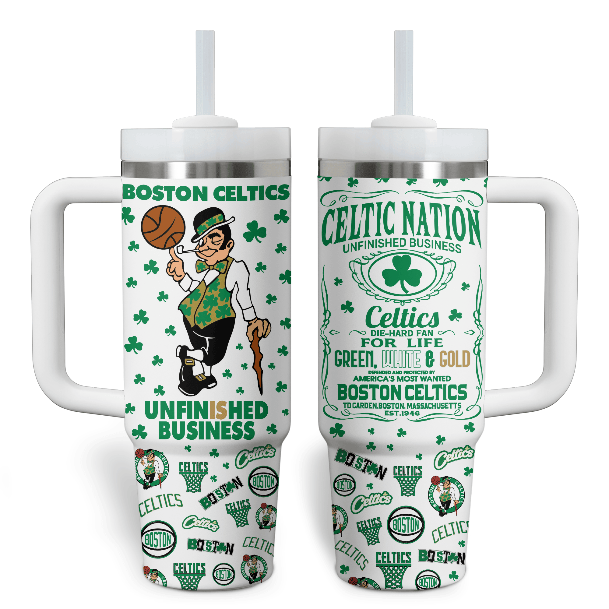 Boston Celtics Fan Mug - Ultimate Green & White Supporter Tumbler with Handle - Image 2