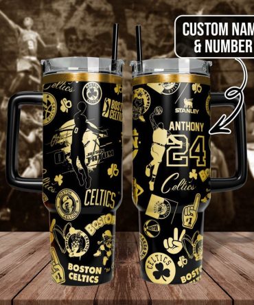 Custom Boston Celtics Tumbler with Handle - Personalized Name & Number