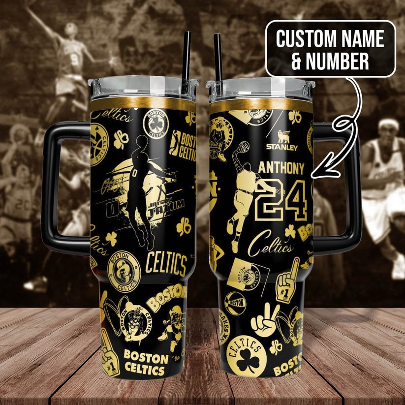 Custom Boston Celtics Tumbler with Handle - Personalized Name & Number