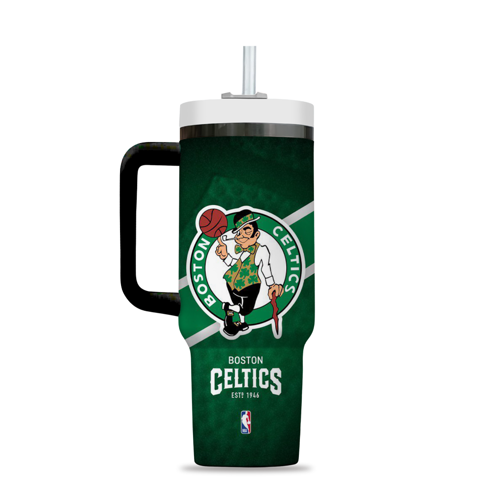 Custom Boston Celtics Tumbler with Handle - Personalized Name & Number - Image 2