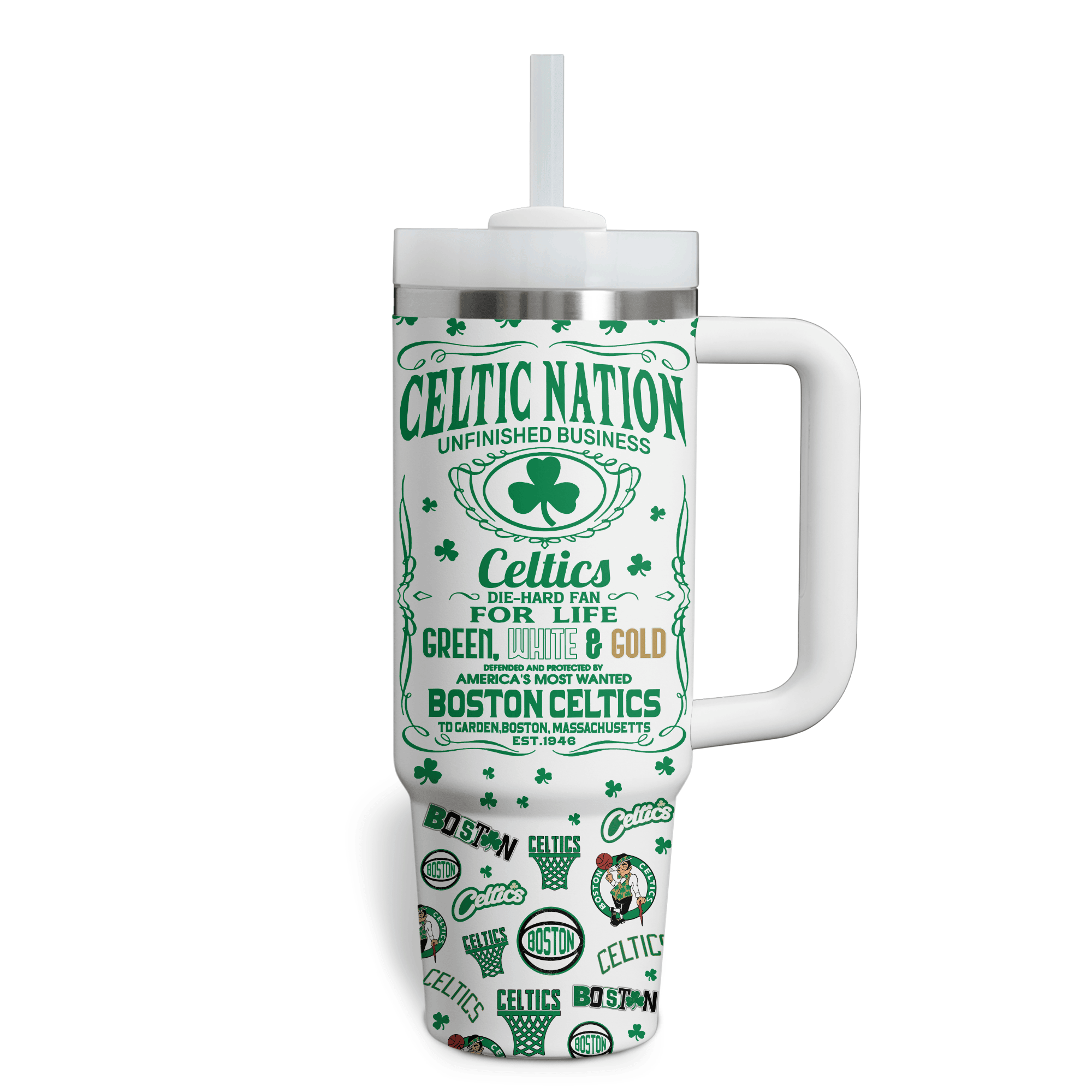 Boston Celtics Fan Mug - Ultimate Green & White Supporter Tumbler with Handle - Image 4