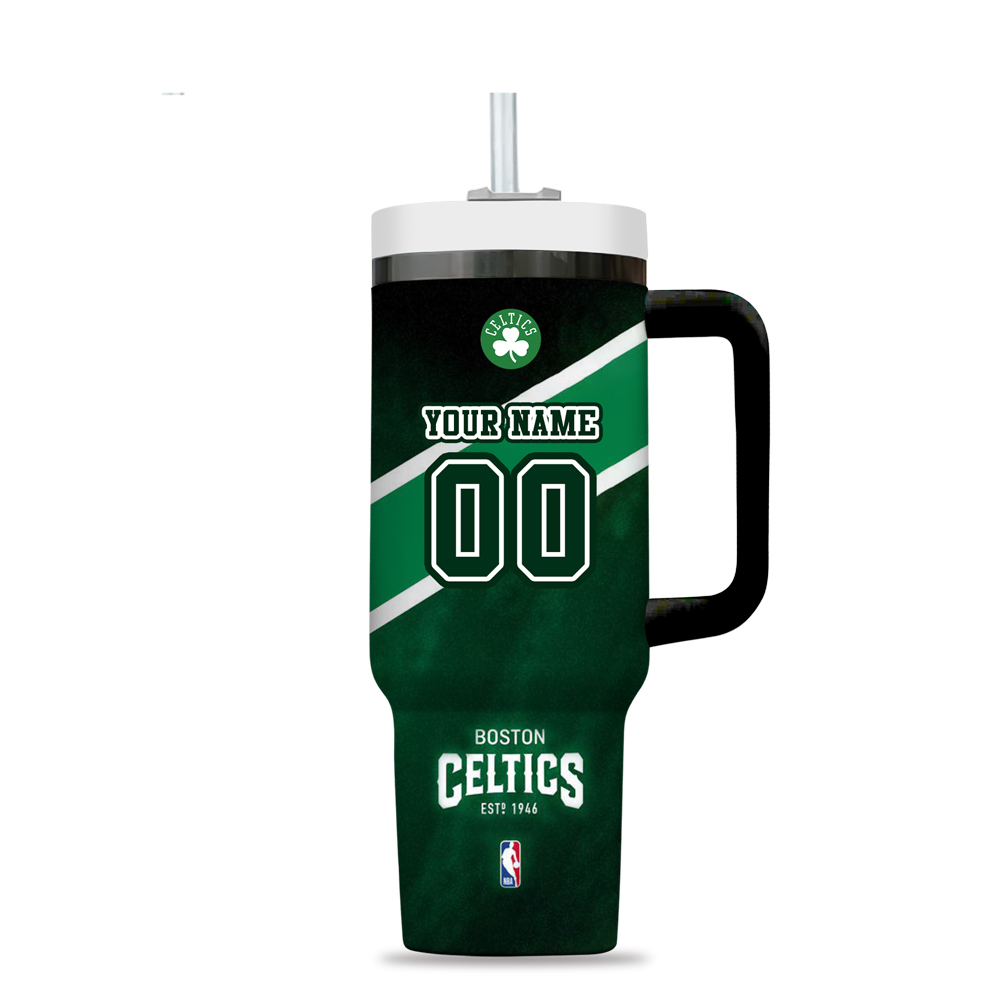 Custom Boston Celtics Tumbler with Handle - Personalized Name & Number - Image 3